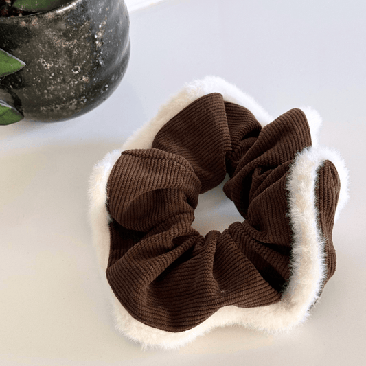 Chestnut Softie Scrunchie. Corduroy fabric with faux fur lining